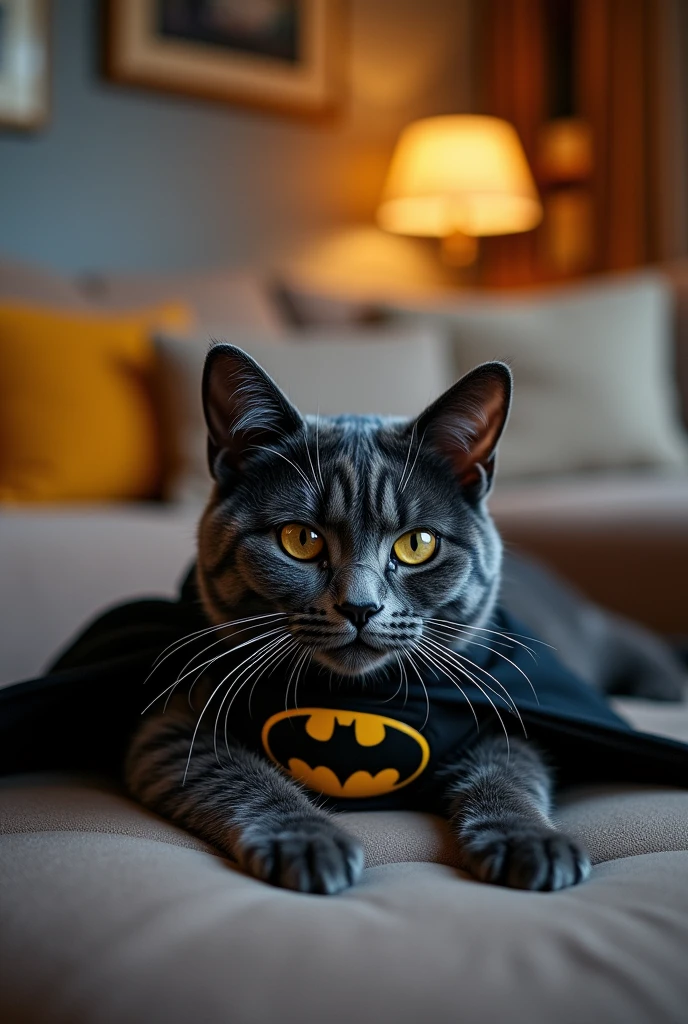 Make me a cat(animal) riven, lying down with batman clothes and mask