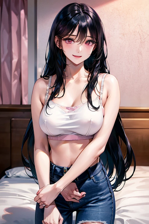 ((((white bra)))),  Very detailed、highest quality、Best image quality、masterpiece、8k、Anime Face、A kind smile、Open Mouth、((black long hair:1.5))、huge breast, sexy、 beautiful body 、Cowboy Shot, Sexual Intercourse, ((pink eyes)), hotel bedroom, ((( Jeans))), 