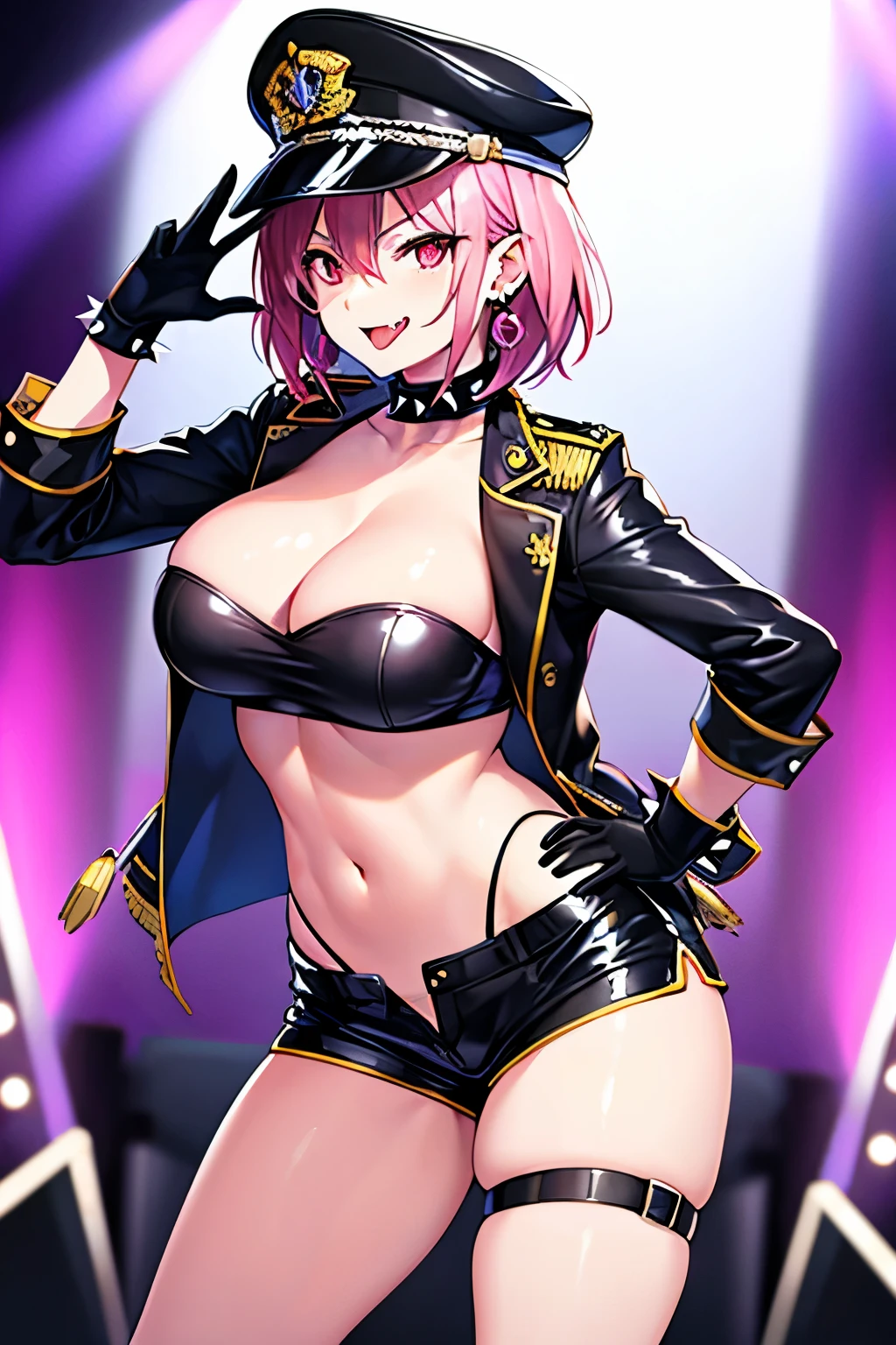 Highly detailed and realistic CG, Colorful, masterpiece, perfect anatomy, Best Quality, 1girl, solo, pink hair, shiny hair, short hair, sideburns, red eyes, shiny eyes, (crazy smile:1.2), (evil smile:1.2), sadistic smile, grin, skinny legs, contrapposto, standing, tube top, strapless, shorts, spiky boots, spiky wristband, idol concert, on stage, Live performance, open mouth, big breasts, cleavage, midriff, navel, black jacket, black military cap, stick tongue out, (long tongue:1.5), hand on hip, stylish pose, spotlight, thigh strap, flashy earrings, fang, elbow gloves, see-through inner, cinematic angle, looking through legs, open stance, acrobatic pose, latex, tight, slender,