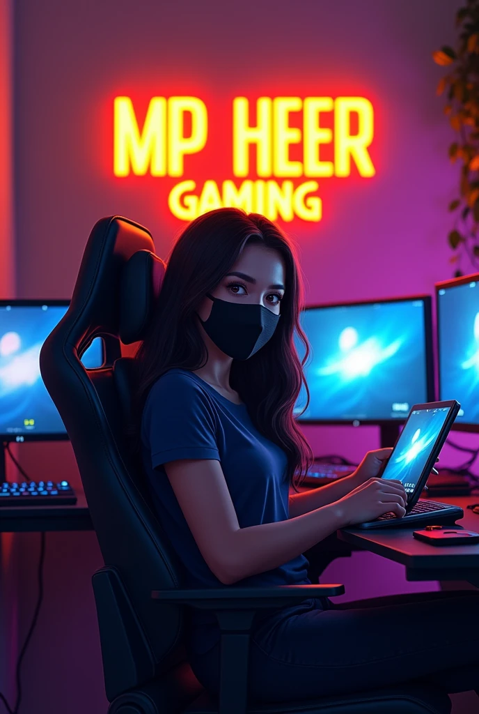 Create a digital illustration of a young woman sitting in a modern gaming setup. The woman has long, wavy dark hair and is wearing a black face mask. She is seated in a professional gaming chair, holding a tablet. The background features a dimly lit room with a neon sign that reads 'MP HEER GAMING' in glowing YELLOW text. Text must be clear in view , The room also has gaming monitors displaying a game, with LED lights adding a colorful glow to the scene. The overall atmosphere should be tech-savvy and cozy, with a straight pose looking at me , women must be highlighted and brighter than background , wide camera view , 8:8 image