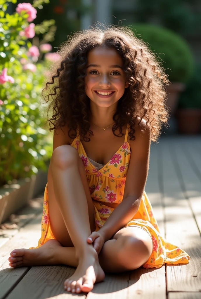 A brunette girl with curly hair and big breasts sits with her legs stretched out, taking a realistic photo