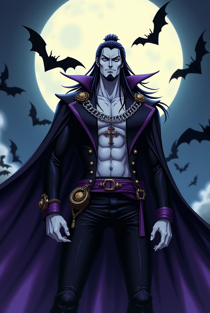 create an one piece character with the anime design. who is an ADMIRAL, but he has the yami yami no mi fruit (dark dark). he have black long hair, hes white, have a goatee. hes wearing an upside down cross silver chain, hes wearing the white marine cape (with silver instead of gold) and his black outfit (it does have some purple too) and hes hitting a tuff pose, the accessories are silver, and the background have bats and the moon night and black painted nails