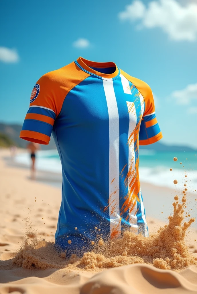 Sports shirt for a blue and white beach volleyball team, that combines with an orange mud 
