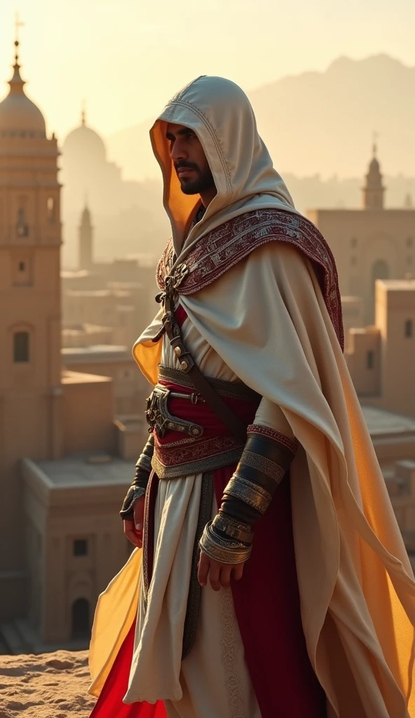 Altaïr Ibn-La'Ahad stands on a sunlit rooftop, his white hooded robes flowing in the breeze. His face, partially obscured by the hood, reveals a pair of sharp, determined eyes. The intricate details of his Assassin's robes—trimmed in red and adorned with hidden blades—contrast with the ancient stone and bustling city below. The setting sun casts a warm glow, highlighting the quiet resolve and solitude in his expression. The scene captures Altaïr's blend of strength and introspection, portraying him as a lone warrior bound by duty and driven by a quest for justice.