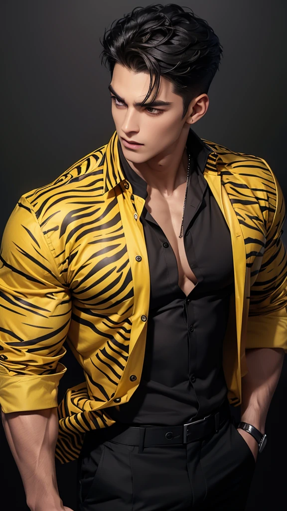 a muscular man, yellow Zebra print formal open shirt with black undershirt, folded collar shirt, short black hair, handsome detailed face, large breasts, sexy expression, looking directly at viewers, black pants, 