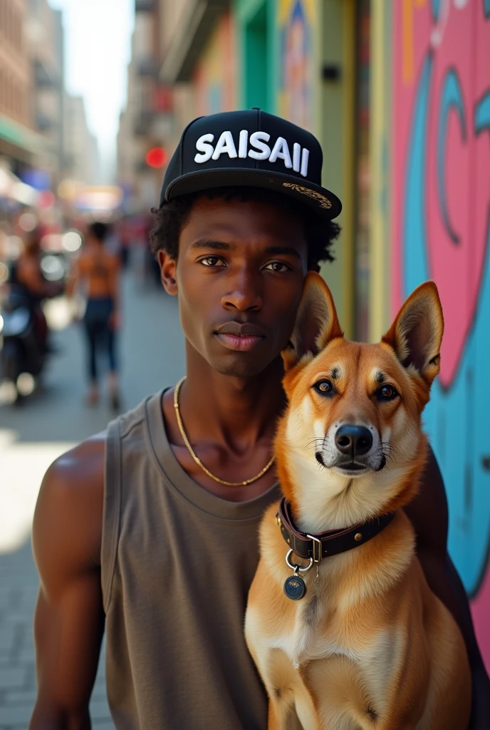 A young black man wearing a cap labelled as SAIISAII and holding onto a wild dog.