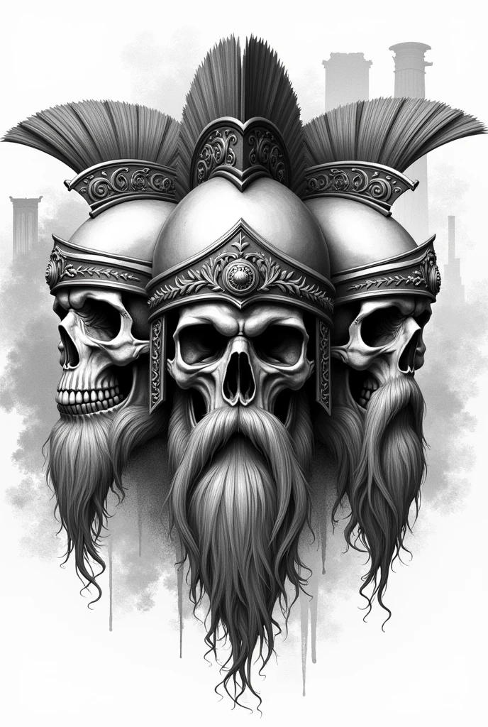 Three skulls, a skull facing right , the second skull facing forward and the third looking to the left, all wearing Roman helmets in black and white as a sketch of a drawing, com barba