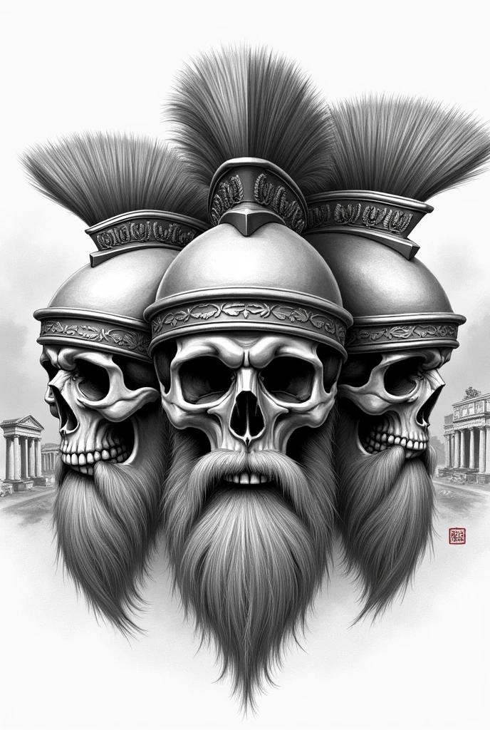 Three skulls, a skull facing right , the second skull facing forward and the third looking to the left, all wearing Roman helmets in black and white as a sketch of a drawing, com barba