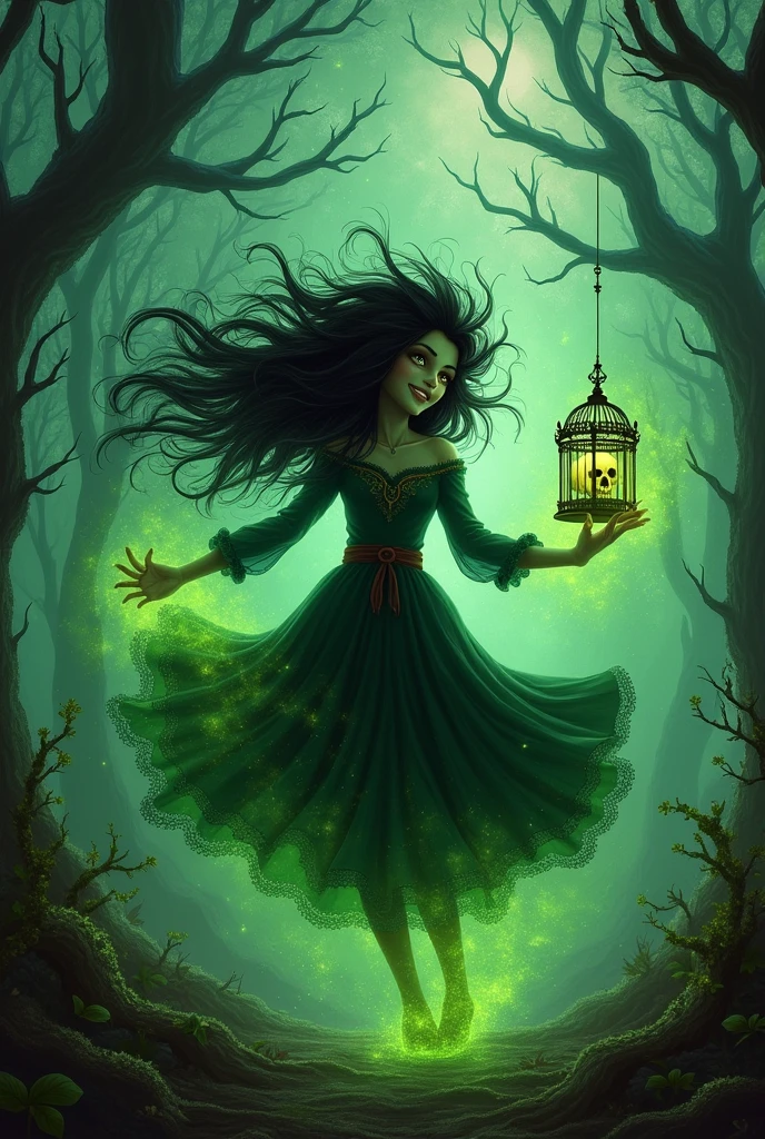 A crazy black haired girl with a floating birdcage that has a skull insted of a bird inside, and the girl has green magic