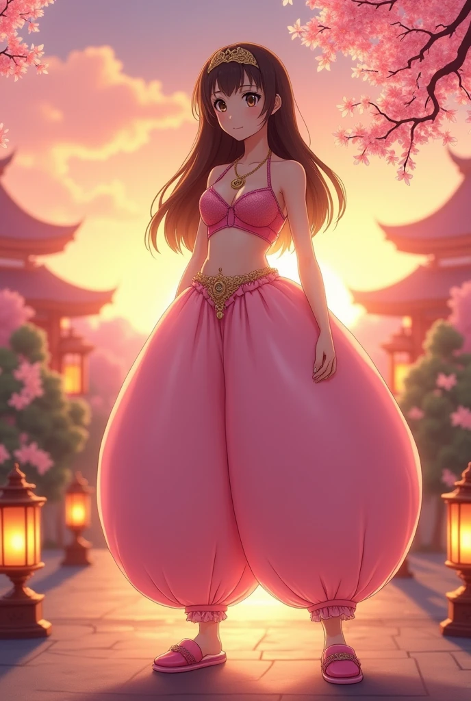 Japanese high school girl, solo, fullbody, brown eyes, brown long hair in a princess cut, wearing an Arabian outfit consisting only of humongous inflatable satin full length Princess Jasmine-style pantaloons with her belly button showing, pink slippers, & a giant inflatable satin bra top. The pants are light pink and extremely puffy and completely round and completely spherical, high quality.