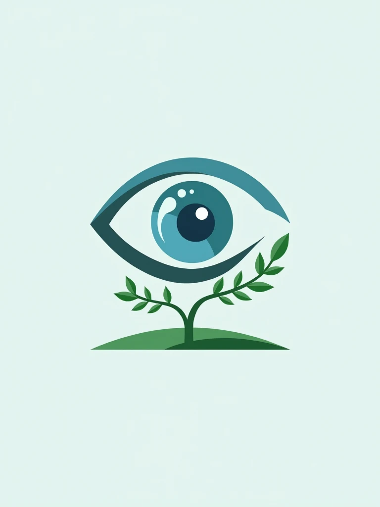 generate a minimalist logo combining a human eye, a camera lens, a tree  branch, with a color palette of blue and greens.