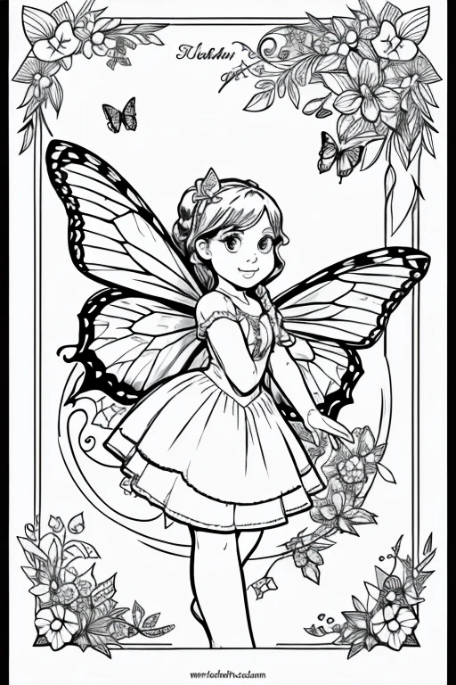 Coloring book for children, cartoon style, low detail, no shadows, black and white image, fairy tale characters, butterflies