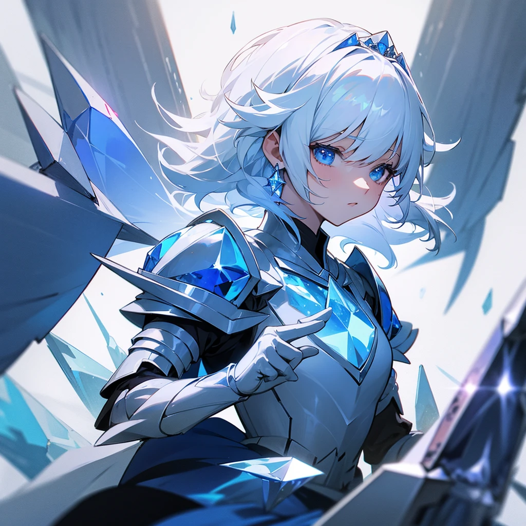 White haired beautiful princess knight wearing blue armor, upper body, 4k, crystal,