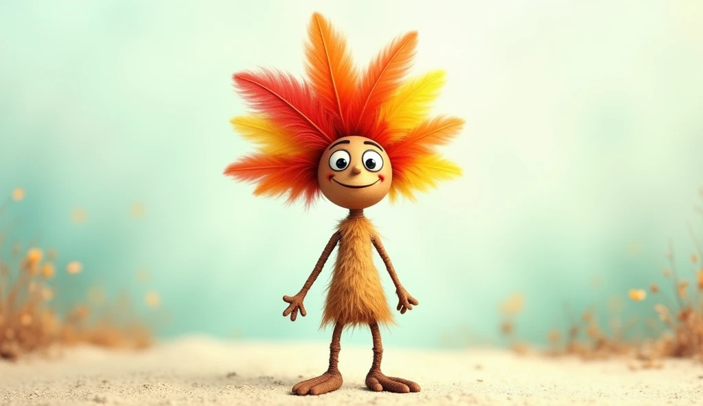 A stick figure with eyes, a mouth, brown color, feathers, ending in the middle of the image 