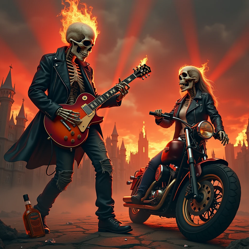 
a full-length skull playing a les paul guitar for a skull woman wearing a leather jacket and jeans as the world ends, red rays falling from the sky giving a tone of chaos to the image, with a castle on fire in the background and a Harley Davidson motorbike on the side, a broken whiskey bottle on the floor