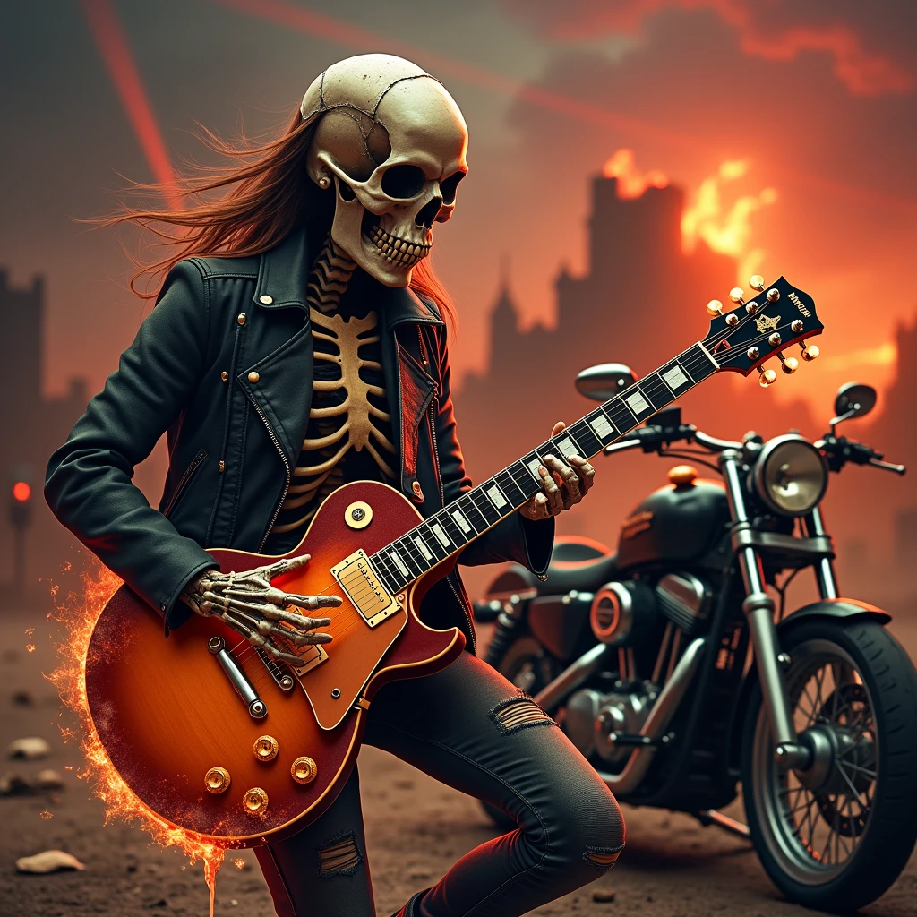 
a full-length skull playing a les paul guitar for a skull woman wearing a leather jacket and jeans as the world ends, red rays falling from the sky giving a tone of chaos to the image, with a castle on fire in the background and a Harley Davidson motorbike on the side, a broken whiskey bottle on the floor