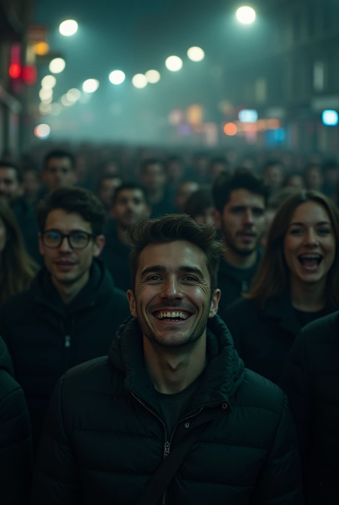 Lots of people, scary, smiles, smiles, lots of smiles, normal people, lined up