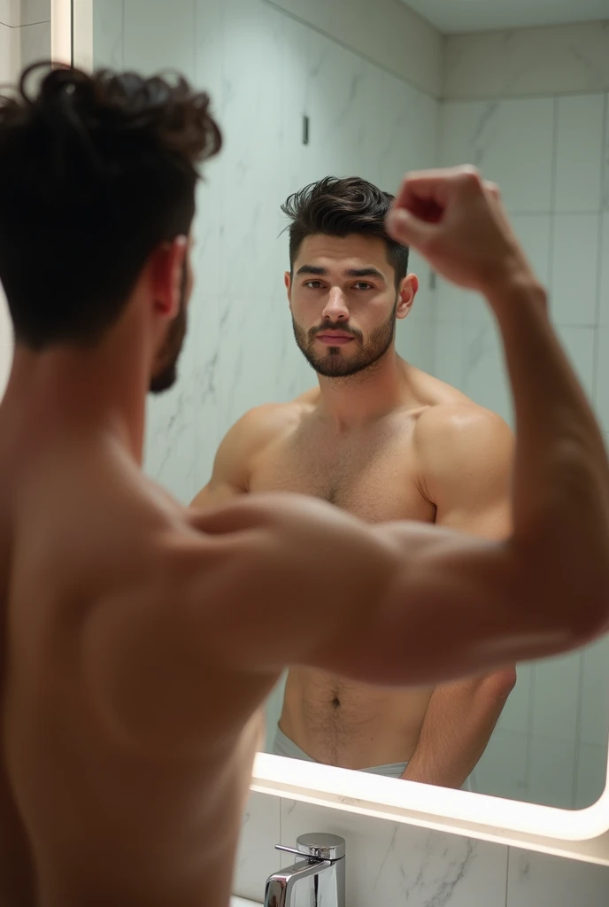 30 year old man good body photo in bathroom mirror