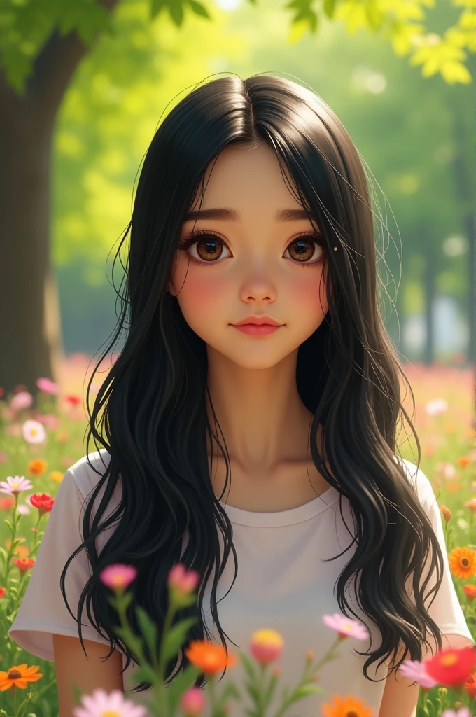 teenager girl, have straight, long, black hair. big, almond, dark brown eyes. round face, thick eyebrows, short eyelash, big and flat nose, thin mouth, neutral skin tone