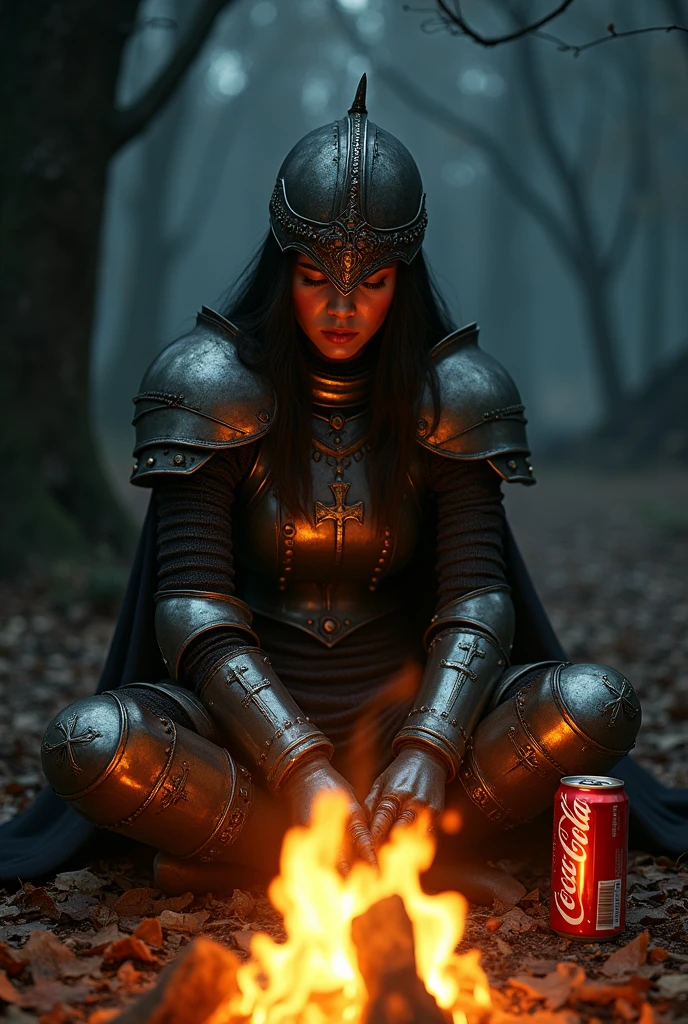 Dark souls style, she looked like Millicent, sad morena, with helmet, Christian, Coke, I am sitting by a campfire.