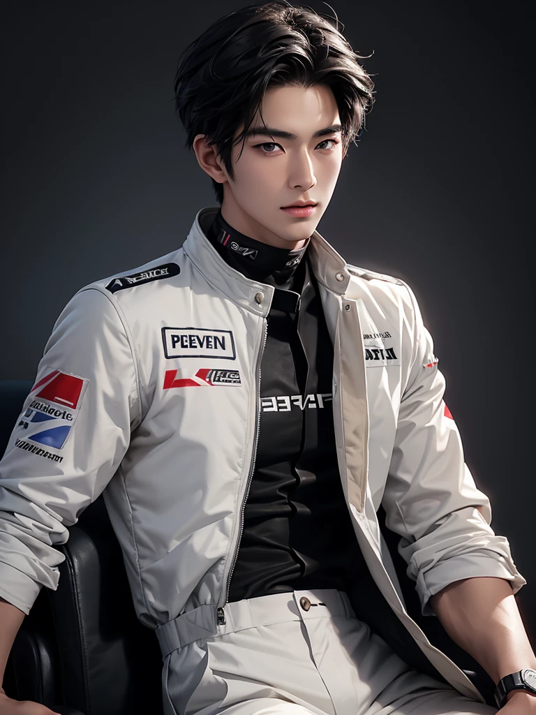 Cinematic Photo of a handsome japanese men 25-30 y.o fashion model, medium black hair. He is doctor. He is a F1 racer.Background F1 racing track! He put on his F1 suit