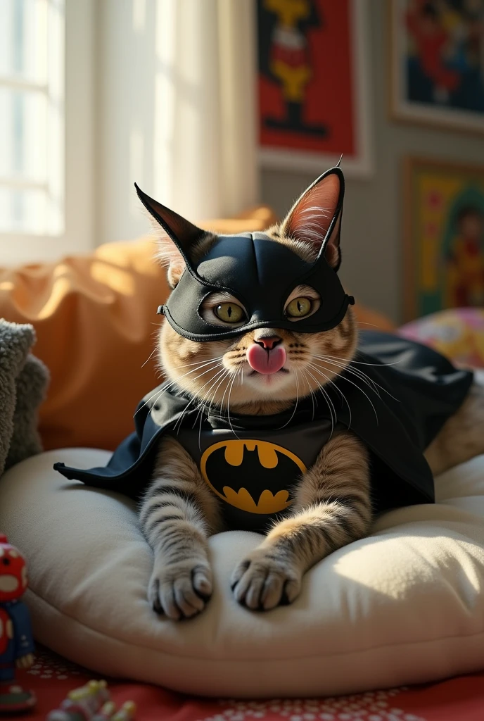Make me a cat (animal) lying down with tongue sticking out wearing a batman costume and in a room with short fur sleeping and with a batman mask, a moorish cat