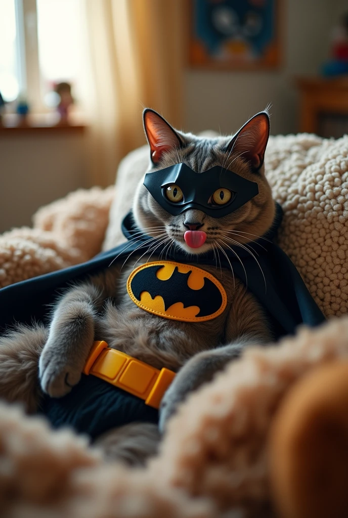 Make me a cat (animal) lying down with tongue sticking out wearing a batman costume and in a room with short fur sleeping and with a batman mask, a moorish cat