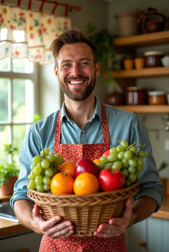 Man in apron holding fruit