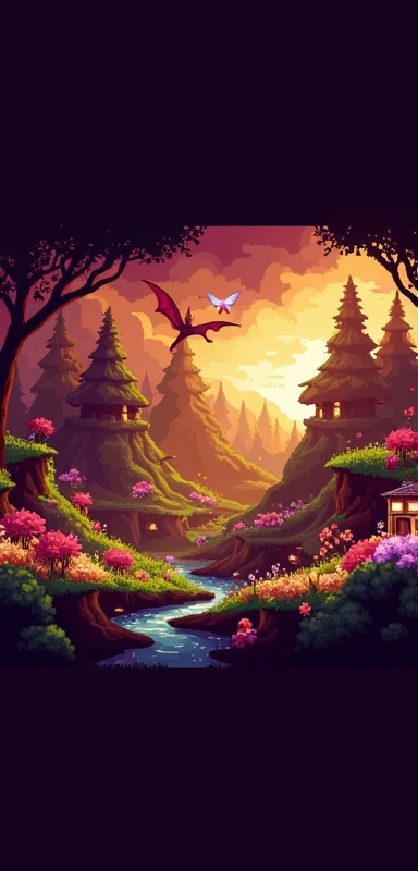 Generate for me a fantasy world landscape wallpaper composed of forests, trees and mythical creatures like monsters and fantasy beings made of pixels.