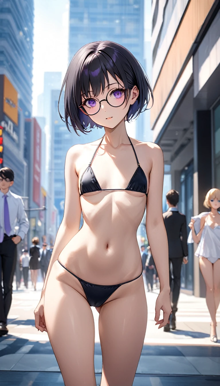 Highest quality、Best image quality、masterpiece、a girl、Beautiful Eyes、black hair, purple eyes、pixie cut、(flat chest)、slender、Tight waist、Round Glasses、Micro Bikini、noon、Outdoor、cowboy shot, Walking、Natural light、Shallow depth of field、In the office district、skyscraper、Angel&#39;s wing、Lens flare