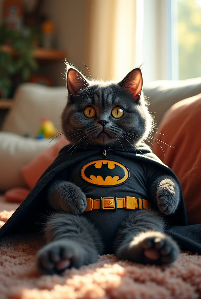 Make me a cat(animal) riven, lying down, with the Batman costume and mask