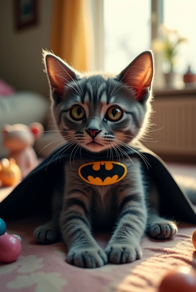 Make me a cat(animal) riven, lying down, with the Batman costume and mask