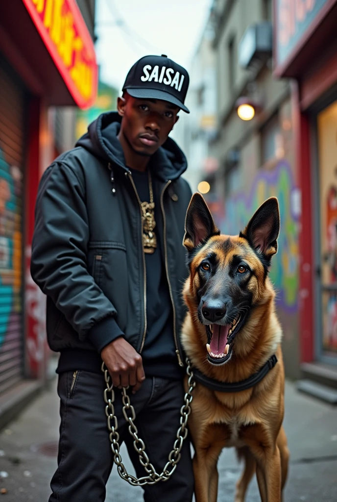 A young black man wearing a cap labelled as SAIISAII and holding onto a chained wild dog barking.