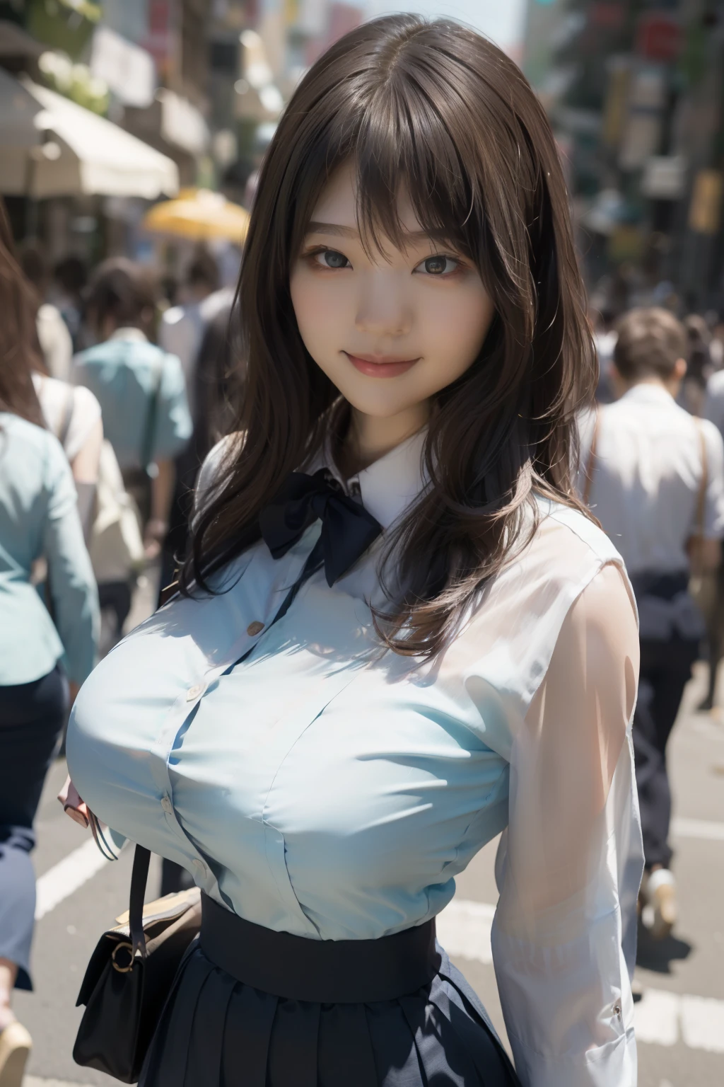 1girl, on the street, Japanese ager, white tight button down white collared business-shirt, navy blue low rise miniskirt, both hands behind, very huge breasts, boyish hair, very thin waist, Look at me and smile, from below angle shot, from below shot,