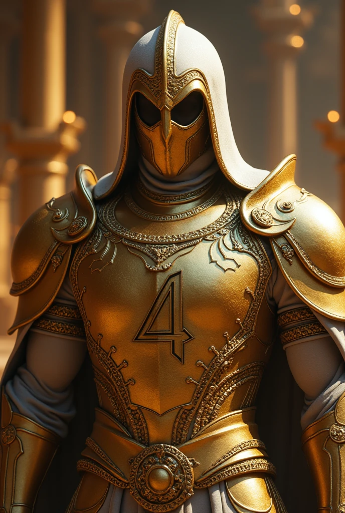 A character name 4
This warrior is elite of society and extremely wealthy and anonymous
Use golden and glassy white colors to generate this warrior
The character reached that level of success just by hardwork
Use a mask for this character and on his armor display 4
Don't show face and instead show a golden mask with number 4 
