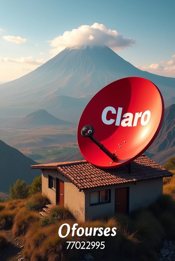 Image for an advertisement of home satellite antennas, with red colors, black and white with a landscape background with volcanoes and the antenna being red, that the antenna is placed on a house and that the antenna contains the letters Claro and that the letters of Claro are white, that the landscape contains its own colors of nature, that the house is placed on the left side and that it contains the number 7902 2995 and at the end of everything that says Of course and by