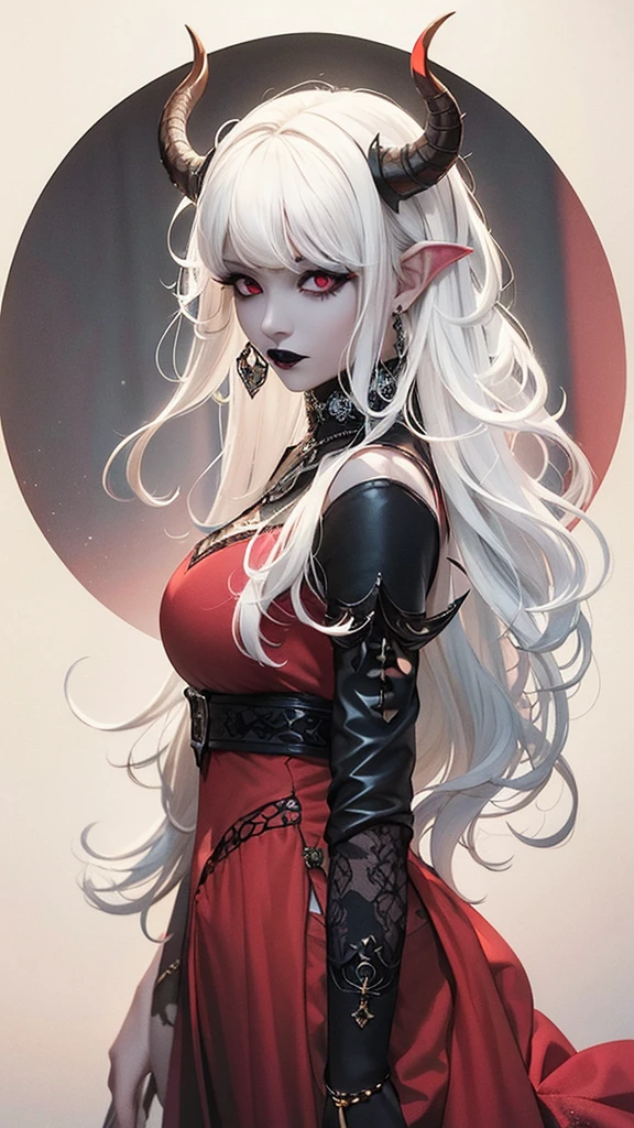 (masterpiece), (great quality), dnd, fantasy, single, solo, 1 mature woman with perfect body, pale and delicate skin, (((long white hair with bangs))), perfect red eyes, long ears and pointy, perfect face, black lipstick, beautiful lips, eyeliner, gothic makeup, wearing a very refined and beautiful conservative medieval dress, character has a pair of symmetrical black horns on top of the head, tiefling, medium breasts, character has a long tail skin color, perfect tail, ((blank white background)), simple background.