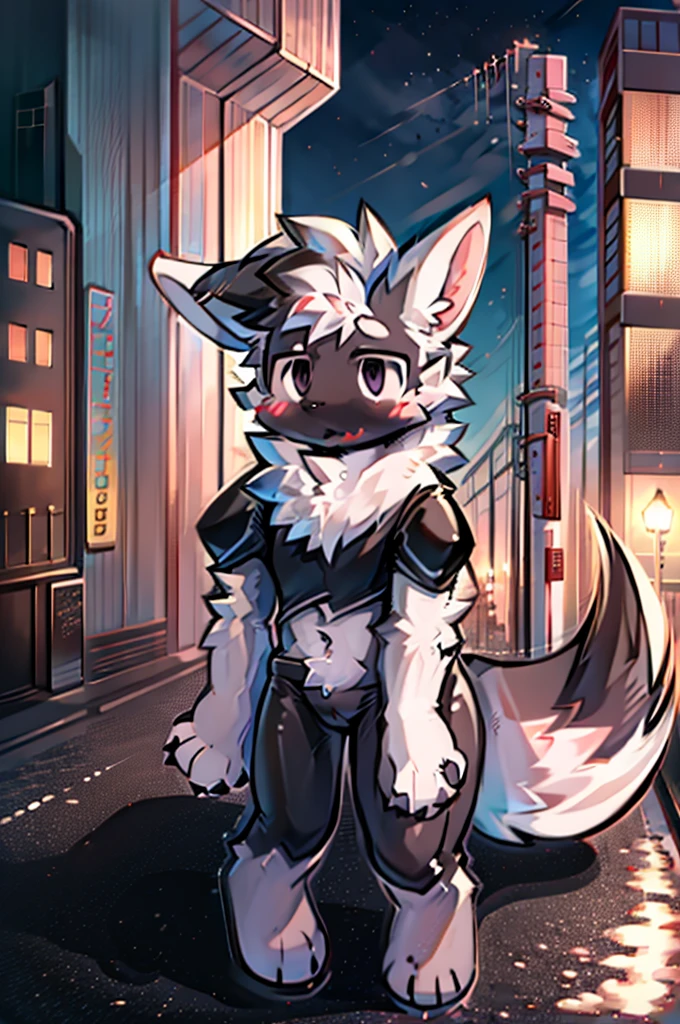 1 boy, city, any outfit, any eye color and expression, alone, fluffy fur, fluffy tail