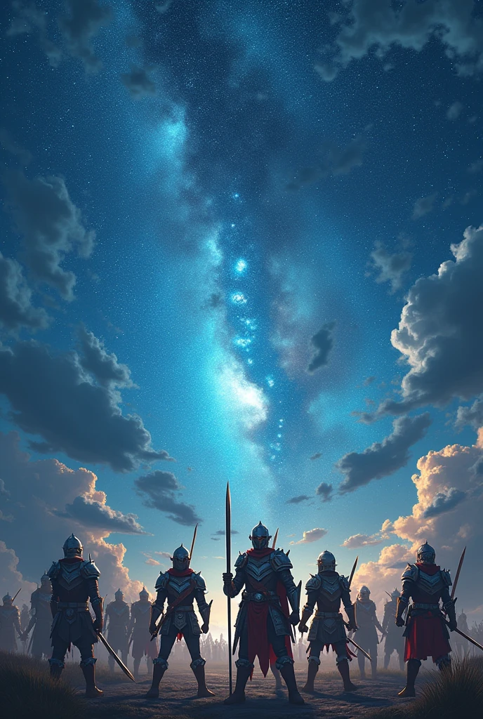  Starry sky，Myriad劫 clouds，Costume boys，clad in armor and wielding sharp weapons，charge towards the heavens 