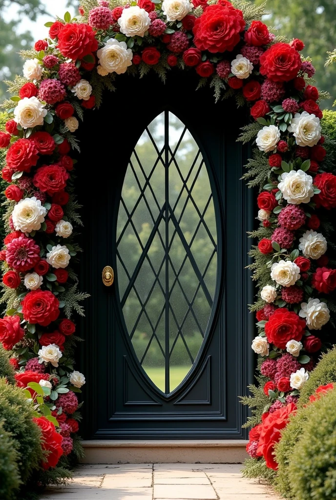 Black door with a diamond-shaped gate and flowers in each corner using three colors, red, white and gold
