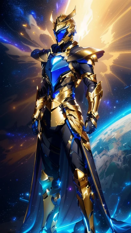 The image presents a highly detailed and futuristic armor designed for a male warrior. The armor combines elements from different parts to create a cohesive and powerful look.
Helmet: The helmet features a sleek, aerodynamic design with a golden metallic finish. It has a central crest that rises upwards, and the visor glows with a bright blue light, giving it a high-tech, futuristic appearance.
Pauldrons (Shoulder Pads): The shoulder pads are large and wing-like, curving outward and upward, with a polished golden finish. These pads extend slightly beyond the shoulders and include a sleek, angular design, providing both a majestic and powerful look.
Chest Plate: The chest plate is intricately segmented, with a combination of gold and dark metallic blue. It has a gem-like crystal in the center that emits a soft, mystical glow. The design of the chest plate is both protective and regal, with sharp, angular lines that add to the overall futuristic aesthetic.
Arm Guards: The arm guards are sleek and streamlined, with articulated golden and purple segments that offer flexibility and protection. The design of the gauntlets is both robust and elegant, incorporating futuristic elements that blend with the classic style.
Leg Armor: The legs are armored with segmented plates that are primarily gold and purple. The boots are angular and sturdy, with a design that conveys both strength and agility. The overall look of the leg armor is grounded yet sleek, completing the ensemble with a powerful stance.
The background of the image is a dark cosmic scene, filled with distant stars and nebulae that highlight the polished surfaces of the armor. Dynamic lighting is used to emphasize the key features, particularly the glowing visor and central chest gem, reinforcing the mystical and imposing nature of the warrior