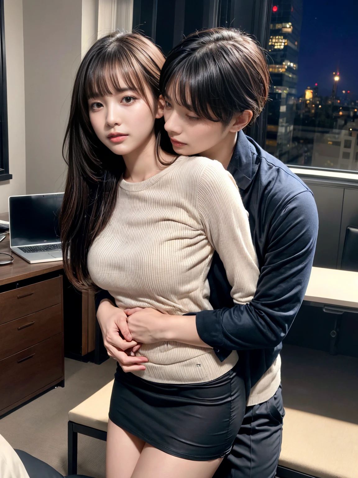 A handsome CEO with his beutiful girlfriend,who is on wear tight t-shirt and skirt having sexual intercourse together with him in his luxury office at night.
While he carefully romantically falls down her hair., laege breasts, Hug from behind.