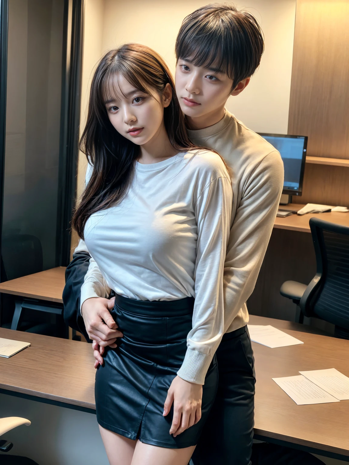 A handsome CEO with his beutiful girlfriend,who is on wear tight t-shirt and skirt having sexual intercourse together with him in his luxury office at night.
While he carefully romantically falls down her hair., laege breasts, Hug from behind.