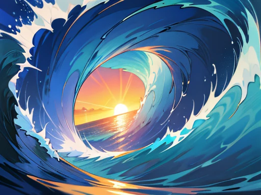an image of a massive pipeline wave crashing in the ocean, with a deep blue color and foamy white crest. The wave should curl over dramatically, with sunlight reflecting off the water, creating a bright and dynamic scene.