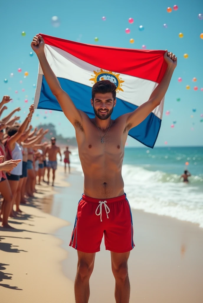 young, beautiful, elegant, white, skinny, elegant shirtless face standing, ,sin remera en la playa boxer  Rojo white y azul playera  y una bandera Paraguay que lleva mientras muchos publico le aplaude y celebra con muchas burbuja en su alrrededor pasarela masculina