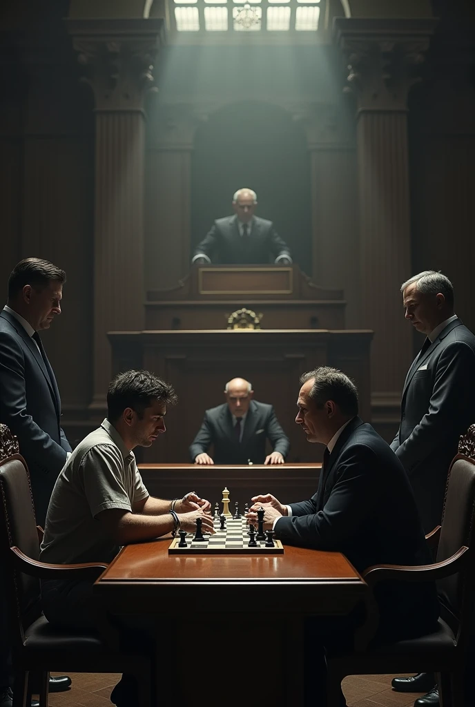 A prisoner and a prosecutor Handcuffed and escorted by two security guards, playing chess in the middle of a court and the judge watching the game waiting to sentence the winner