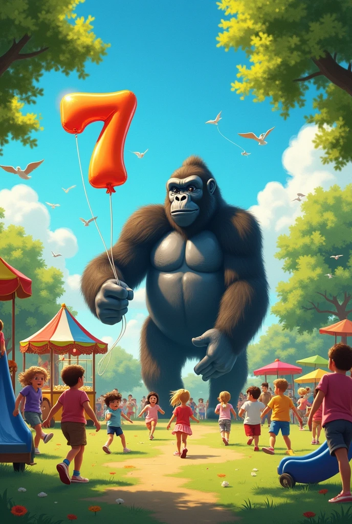 I,act seen from afar of children playing in the park, flying a kite,  on a slide, a popcorn seller, BLUE SKY, rainbow, TREES, birds flying, in the background of the image a gigantic gorilla holding a balloon in the shape of the number 7