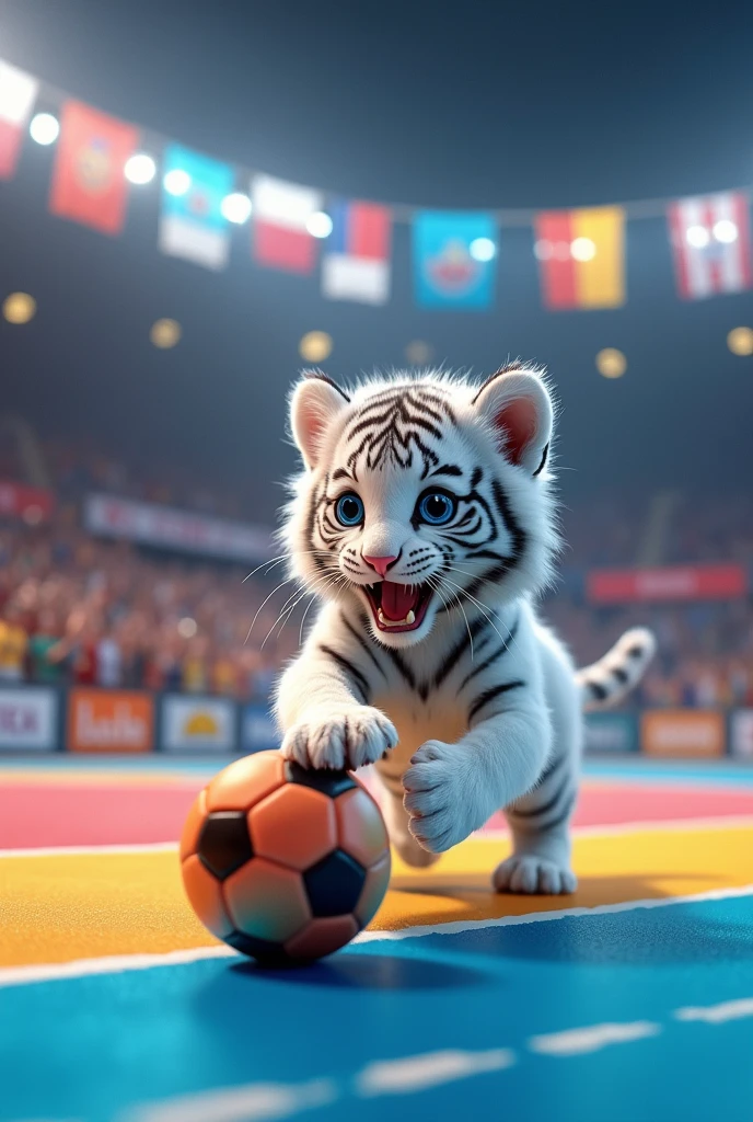 Happy little white tiger on futsal court