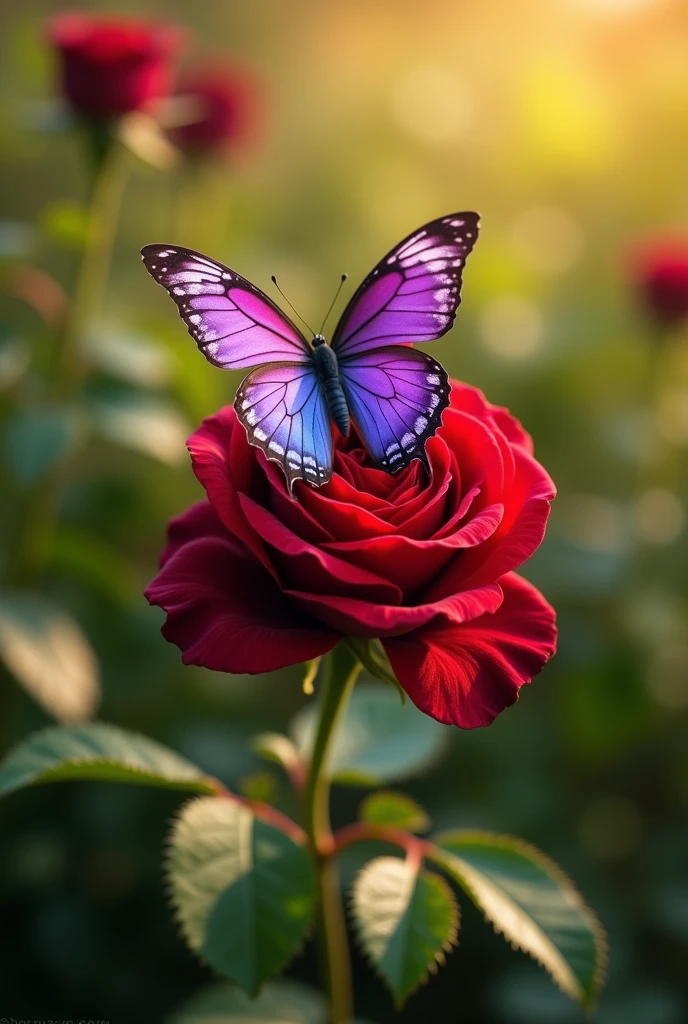 A beautiful purple butterfly perched on a red rose