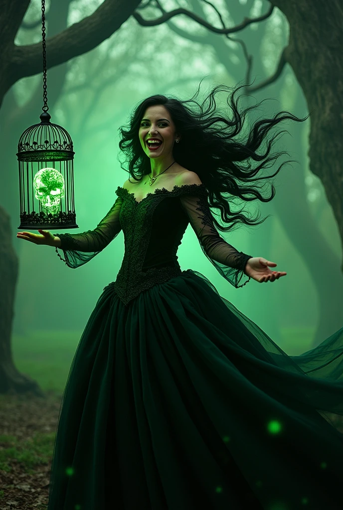 A crazy smiling black haired woman with black victorian dress, with a floating birdcage that has a sadistic green fire skull insted of a bird inside, and the girl has evil green magic